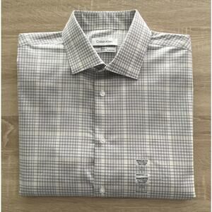 Calvin Klein Men's Large Steel+ Regular Fit Dress Shirt Stretch Grey Plaid NEW